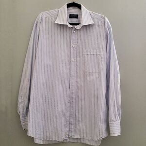 Canali Dress Shirt Long Sleeve Button Cuff Blue Gray White Stripe Mens 43 17